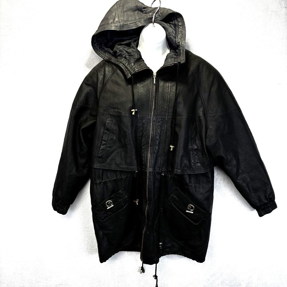 Vintage 80s 90s G III Leather Jacket Relaxed Womens Medium Black Hood Baggy Coat